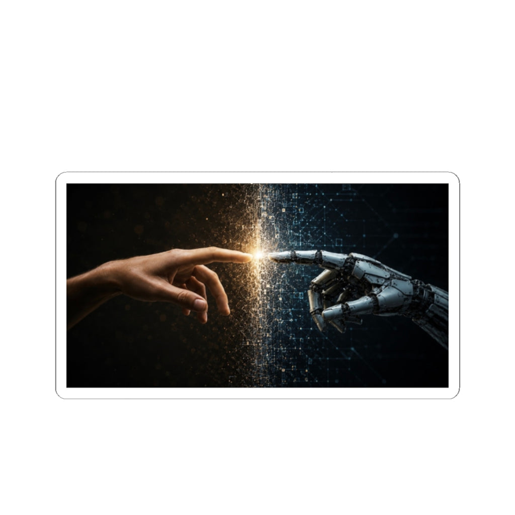 AI and Human Touch Kiss-Cut Sticker — Futuristic Connection Laptop Decal