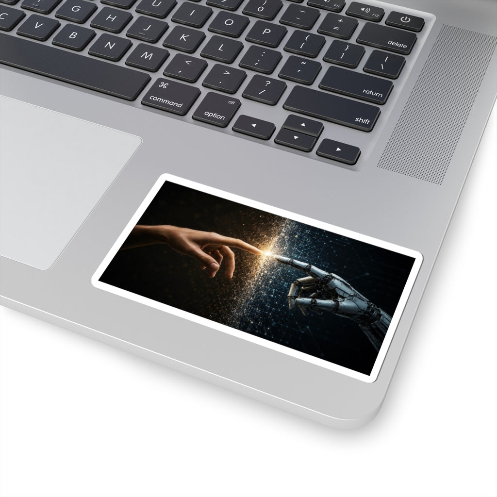 AI and Human Touch Kiss-Cut Sticker — Futuristic Connection Laptop Decal