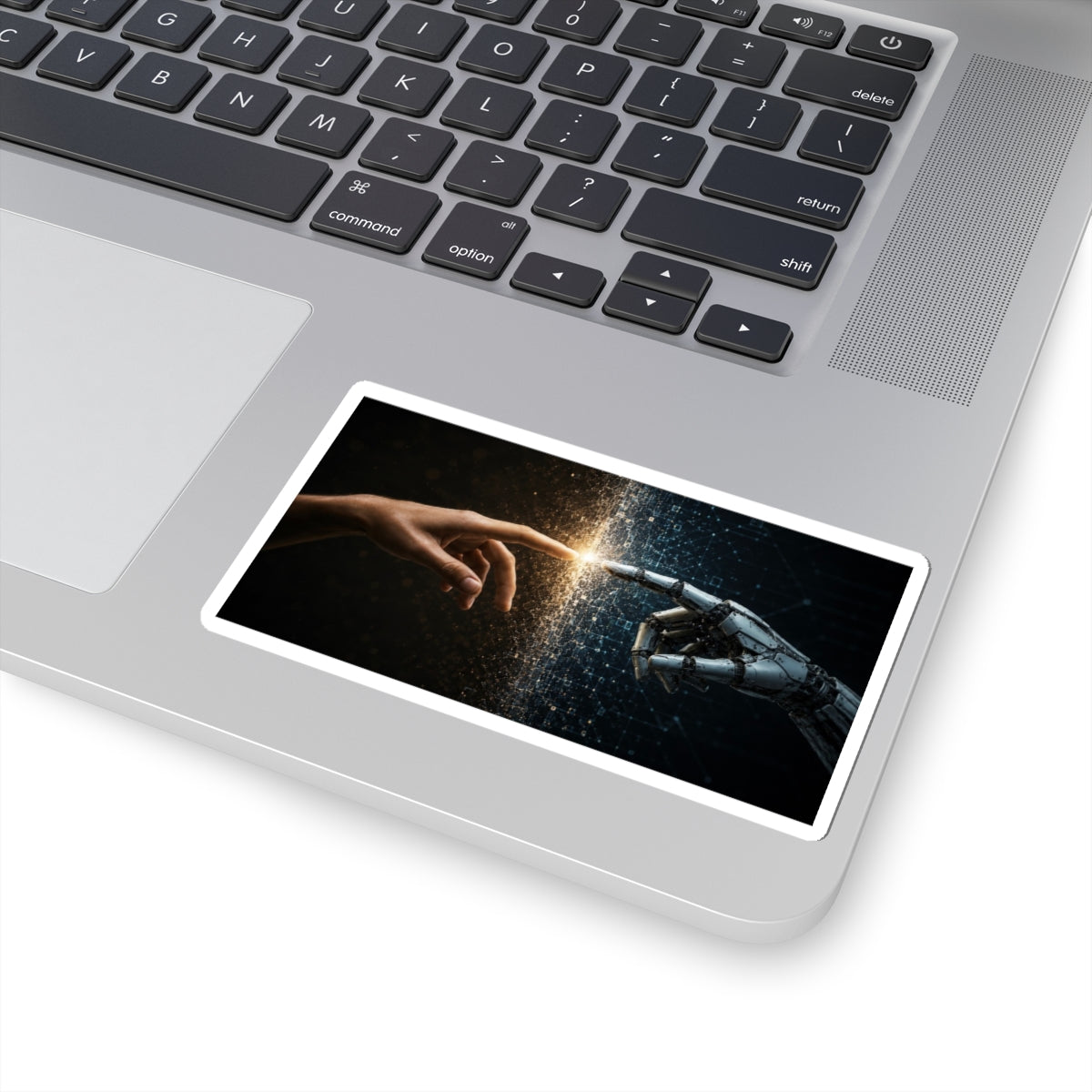 AI and Human Touch Kiss-Cut Sticker — Futuristic Connection Laptop Decal
