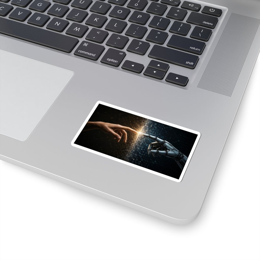 AI and Human Touch Kiss-Cut Sticker — Futuristic Connection Laptop Decal