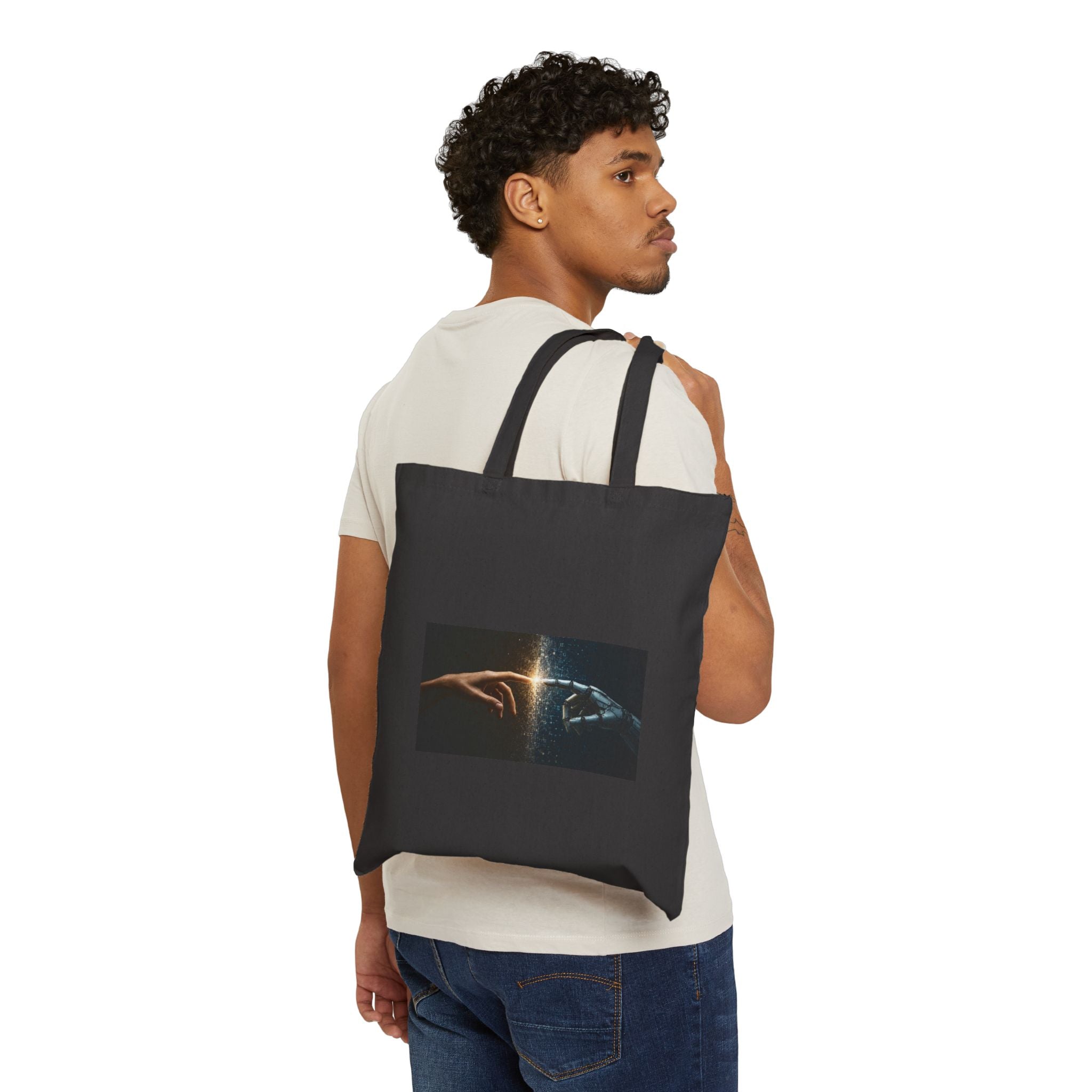 Canvas Tote Bag - 'Creation Touch' Earth & Hand Graphic Eco-Friendly Shopper