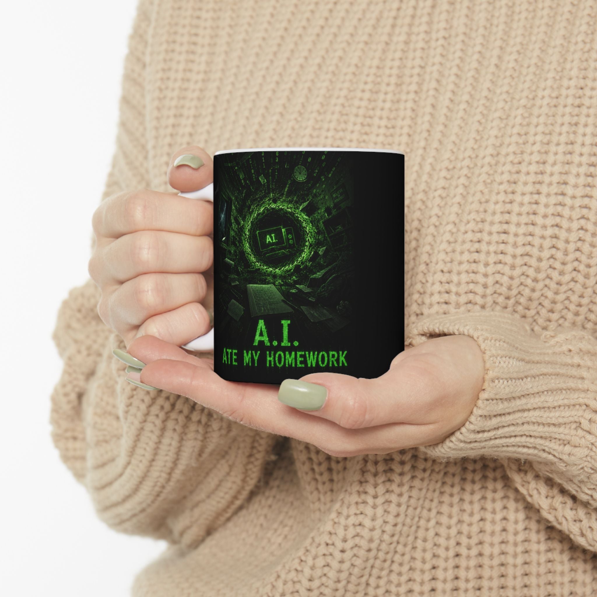 Cyberpunk Green Skull Ceramic Mug — Glowing Techno Skull Coffee Cup (11oz/15oz)